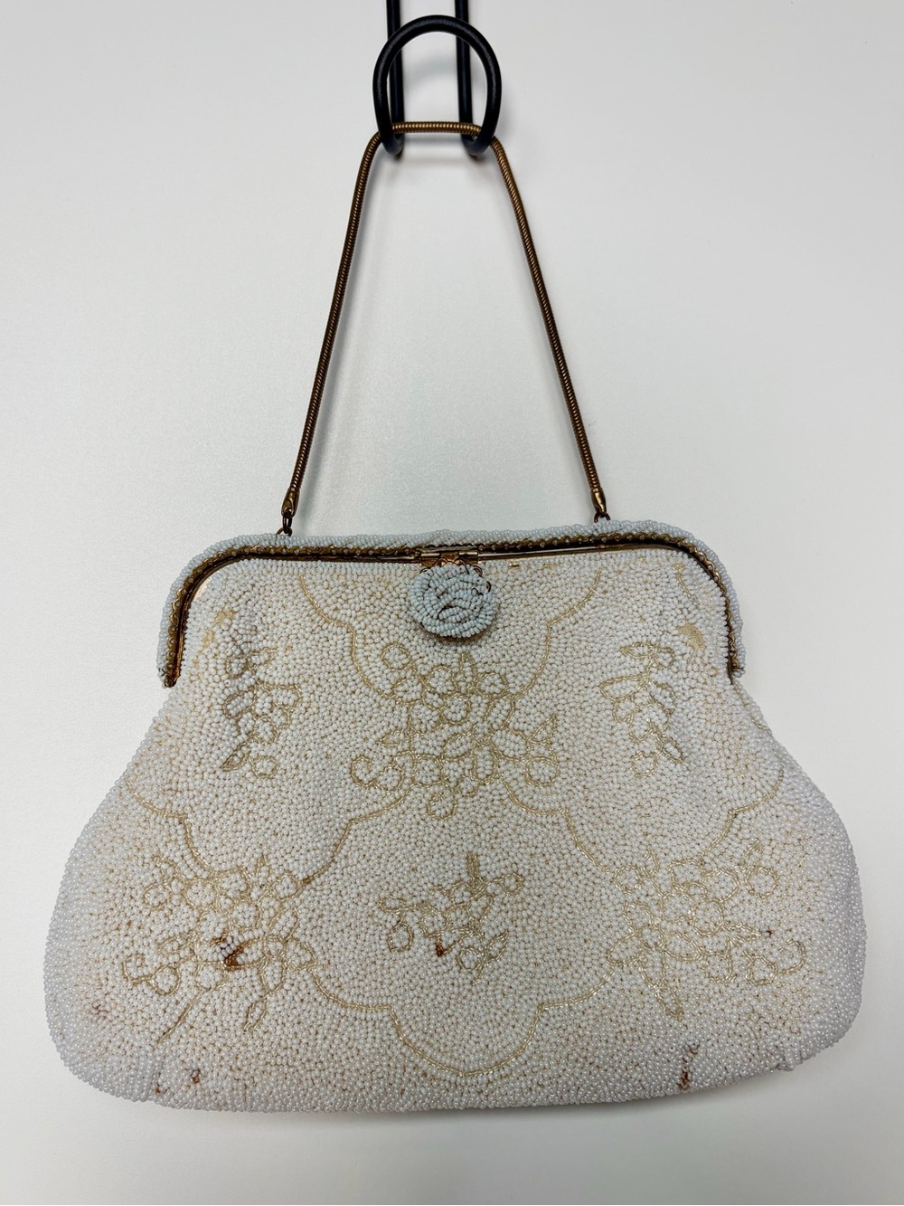 Walborg Vintage Beaded Cream Evening Handbag with Gold Chain Handle France